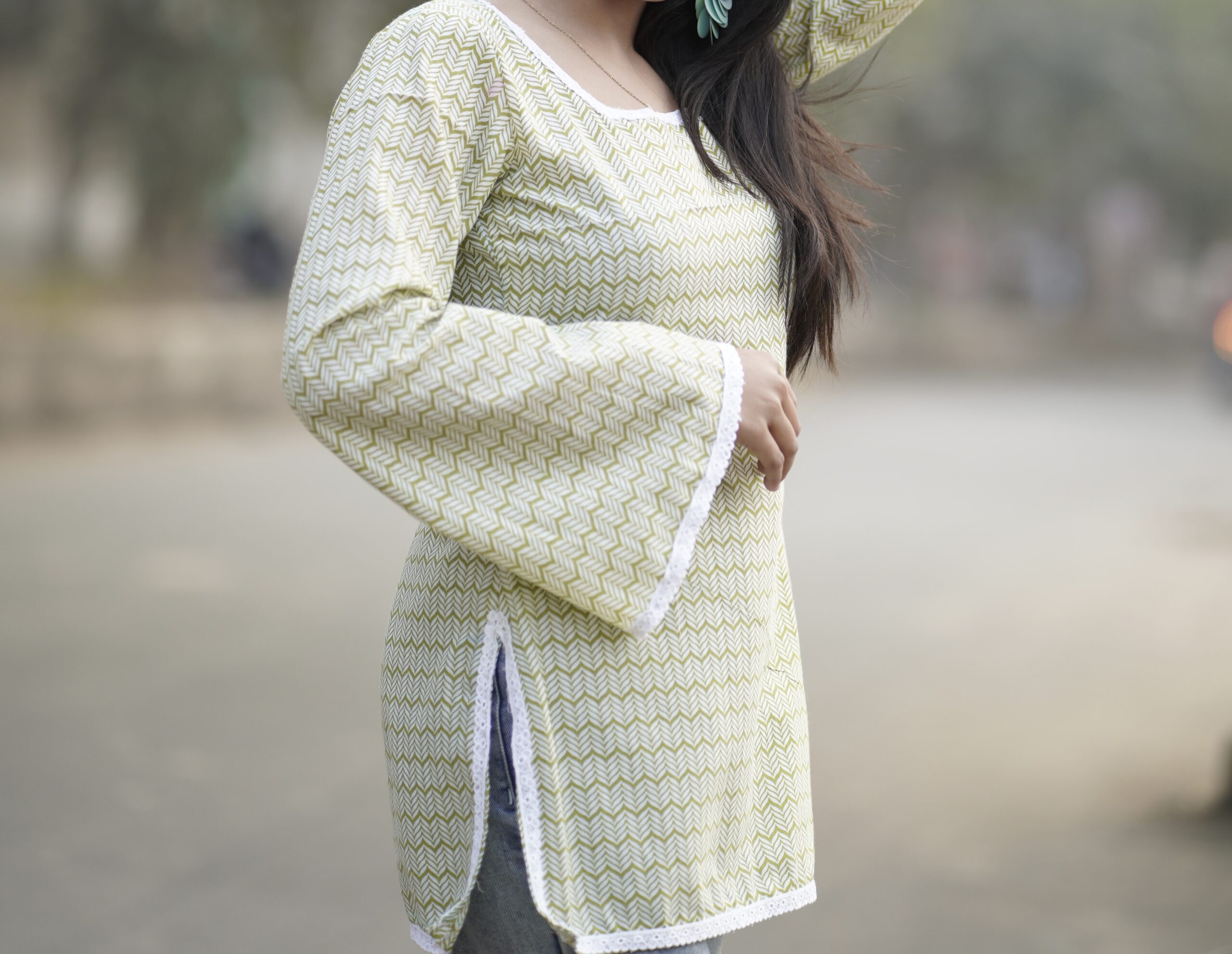 Meher Green Lace-Up Chevron Kurti - Image 4
