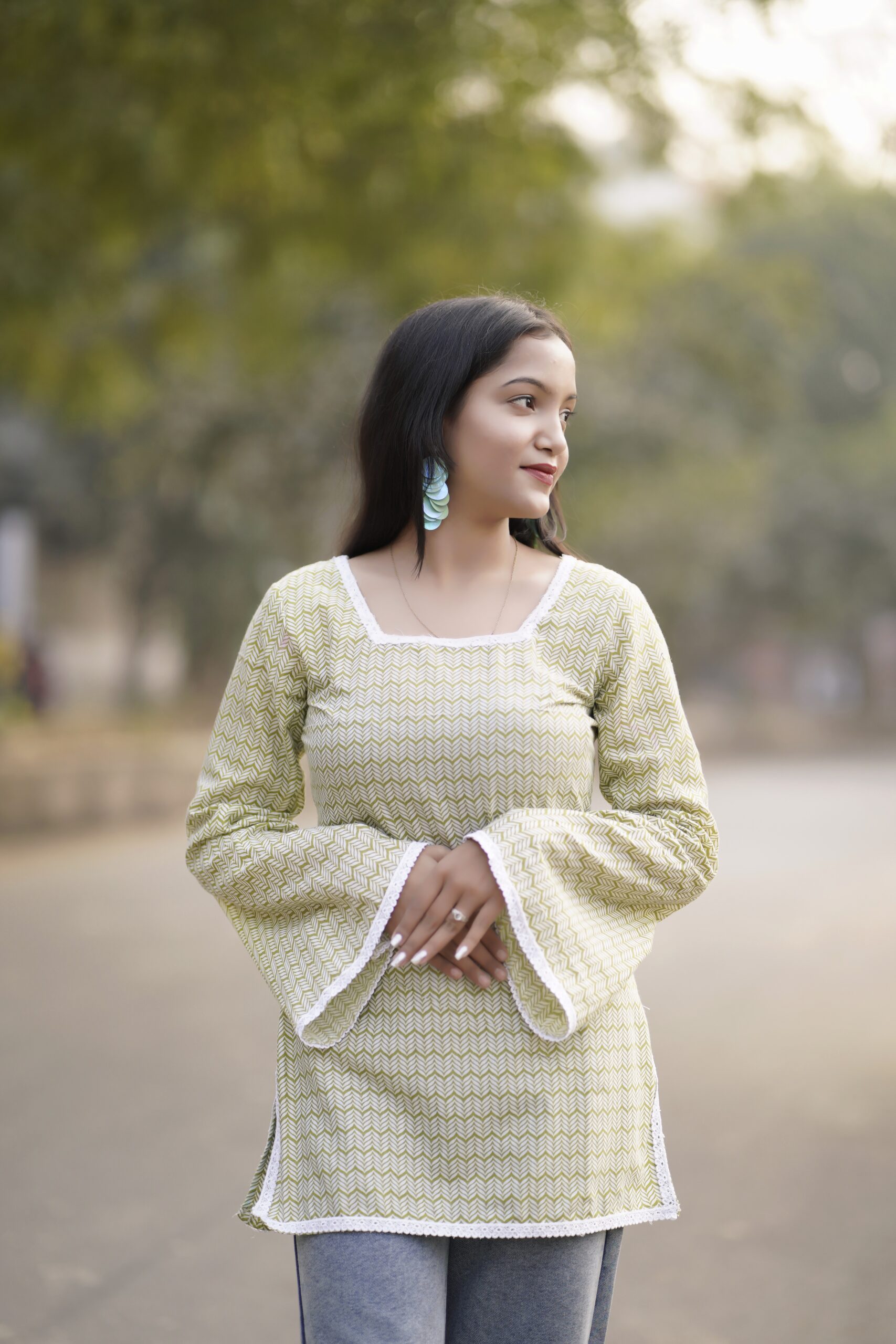 Meher Green Lace-Up Chevron Kurti - Image 2