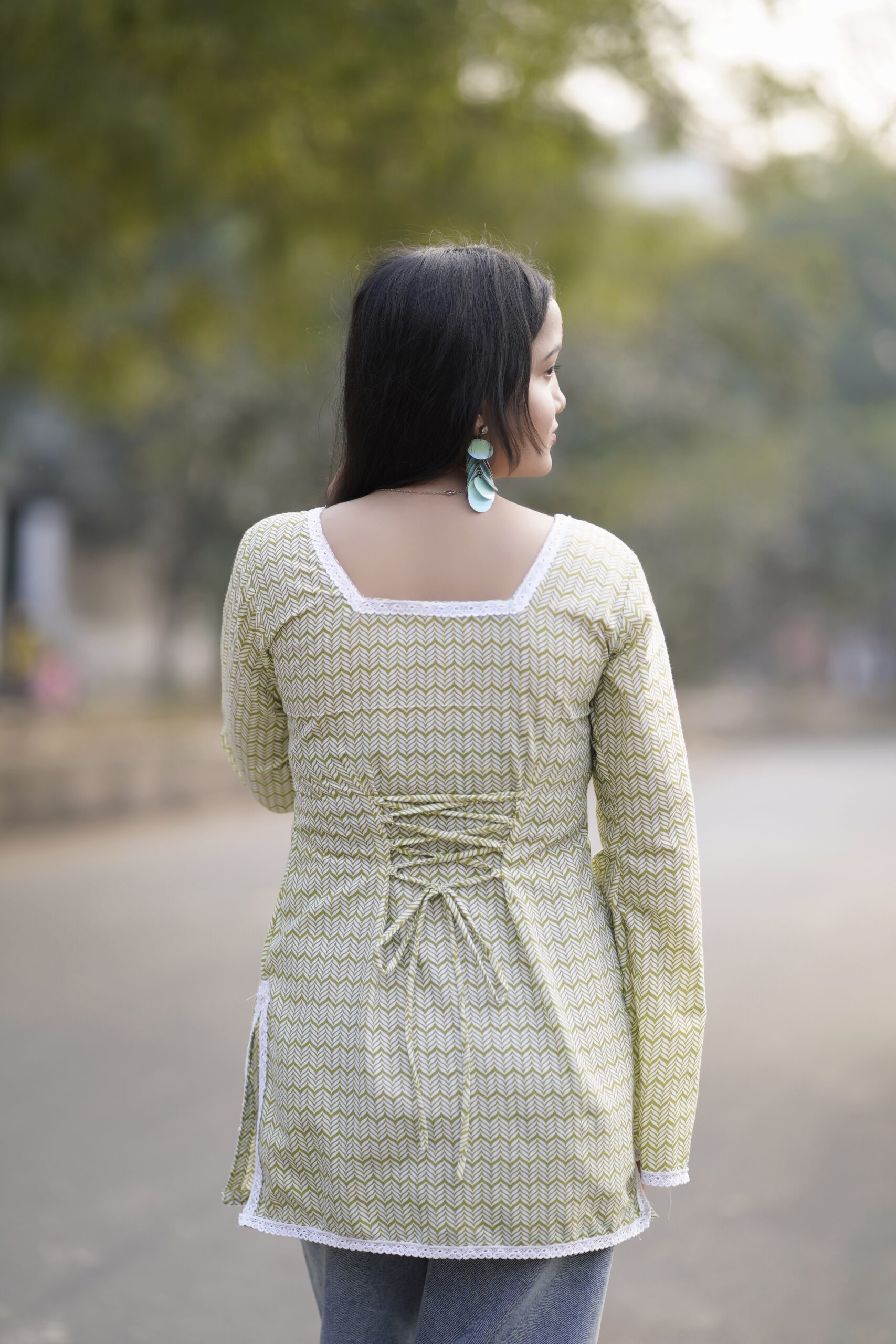 Meher Green Lace-Up Chevron Kurti - Image 3